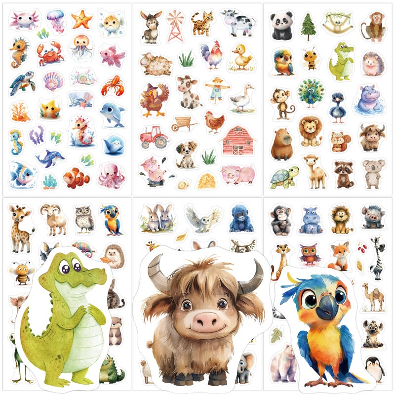 Capstro Kids Watercolor Animal Stickers – 6 Sheets Cute Cartoon Animal Stickers for Crafts, Journals, Scrapbooks & DIY Art Activities - Image 1